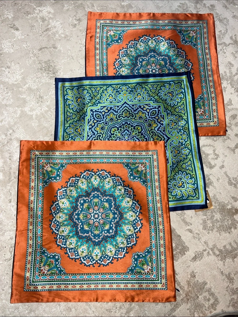 Pottery Barn Medallion Silk Blend Pillow Covers Orange & Blue Set of 3